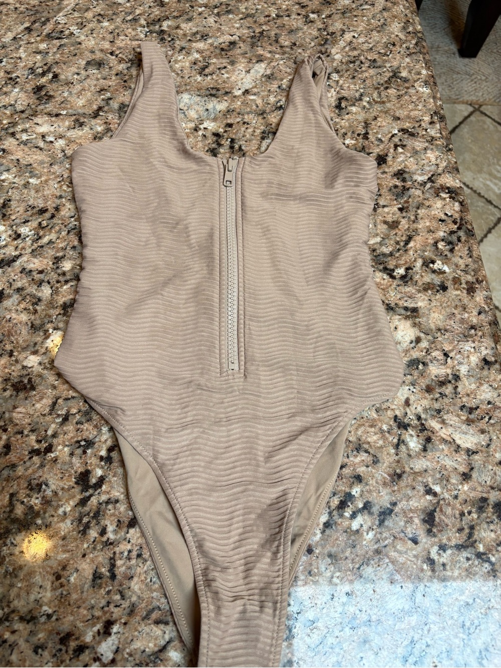 Ribbed Front-Zip One-Piece Swimsuit in Taupe NEW